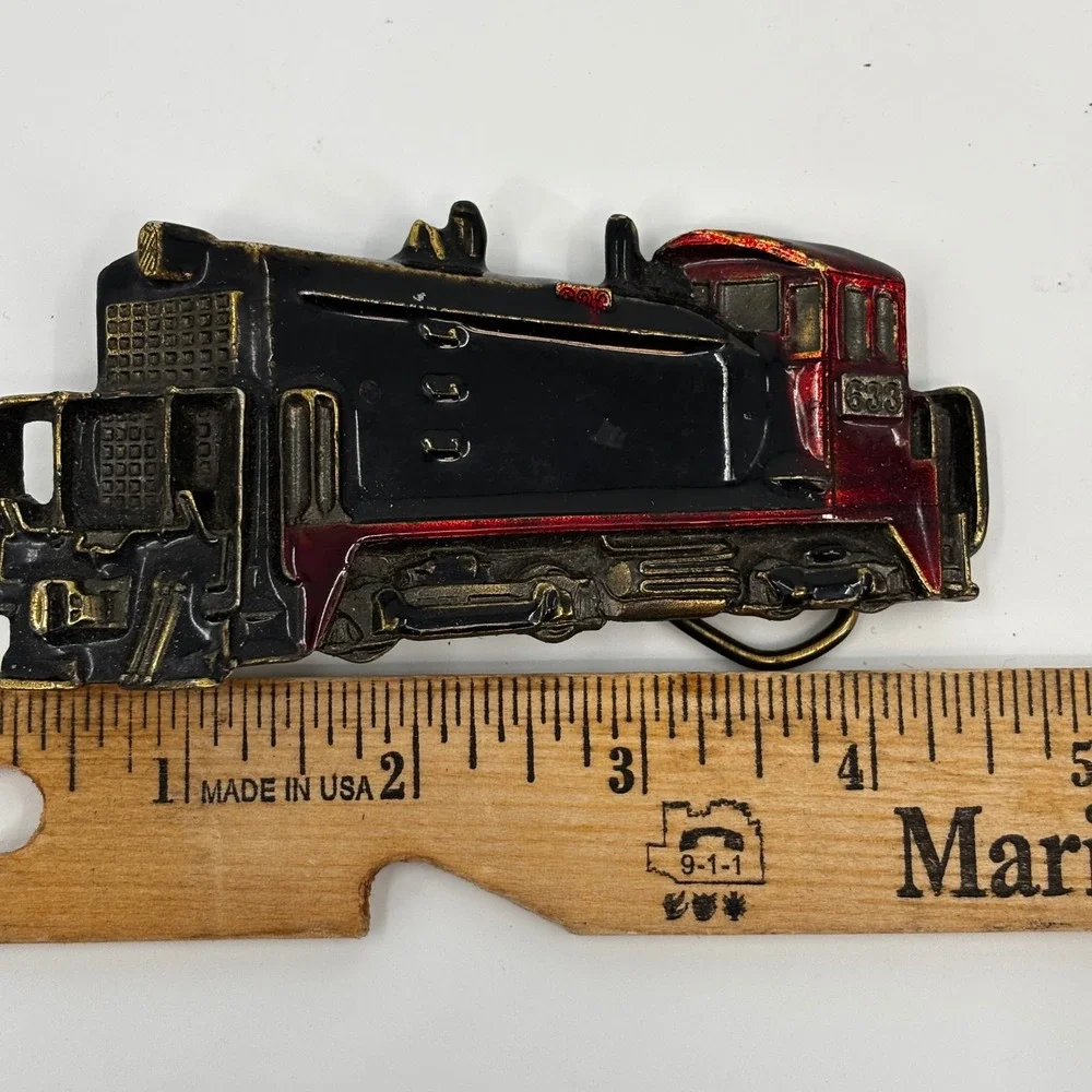 The Great American Buckle Co Belt Buckle Mens Black Red Train Engine 1980 USA
